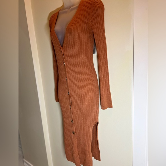 Brown Slit Cardigan Duster Midi Ribbed Sweater Dress Women Small - Picture 2 of 3